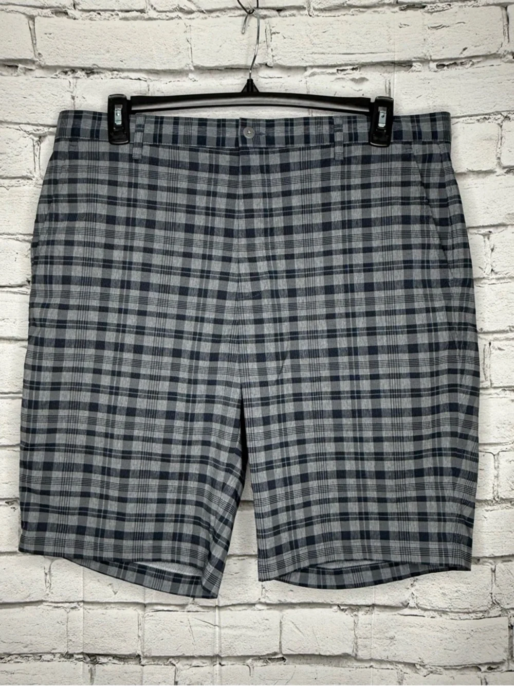 FJ FootJoy Stretch Performance Golf Shorts 38 Gray Plaid Flat Front Chino Preppy
